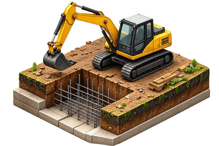 Pelleteuse creusant les fondations d'un bâtiment, avec ferraillage et semelles en béton en place.
